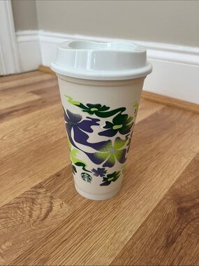 Starbucks White Travel Tumbler with Purple & Green Floral Design